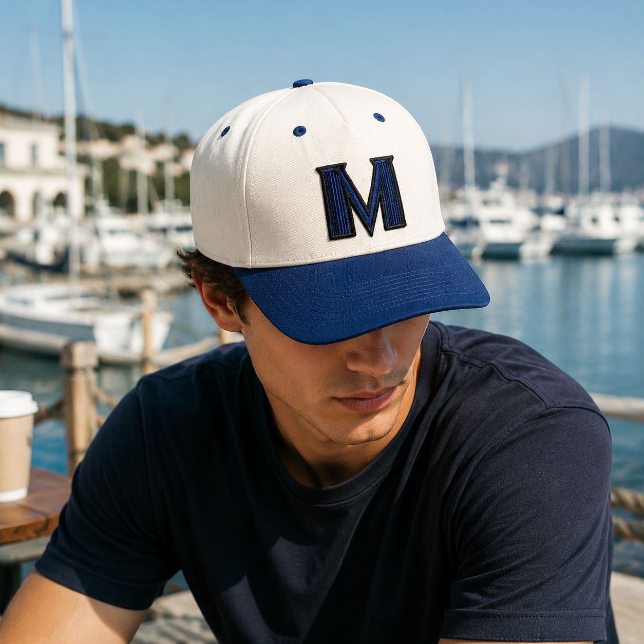 Two Tone Curved Brim Baseball Cap with Flat M Embroidery