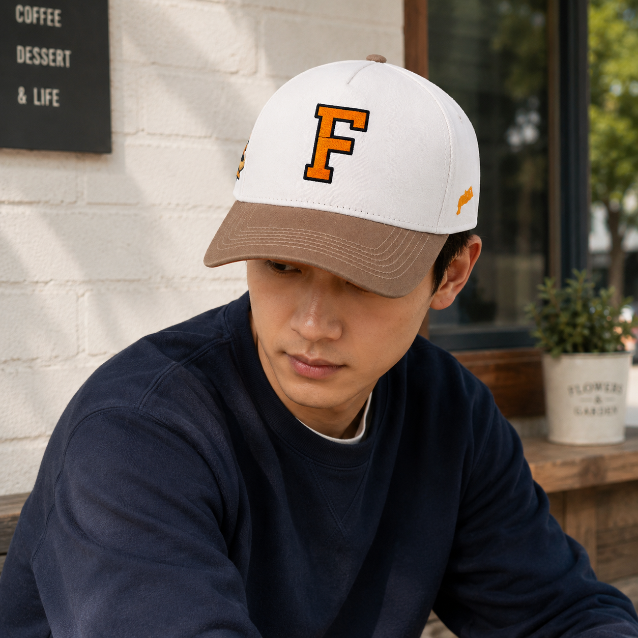 White and Khaki Embroidered Logo Five-Panel Baseball Cap