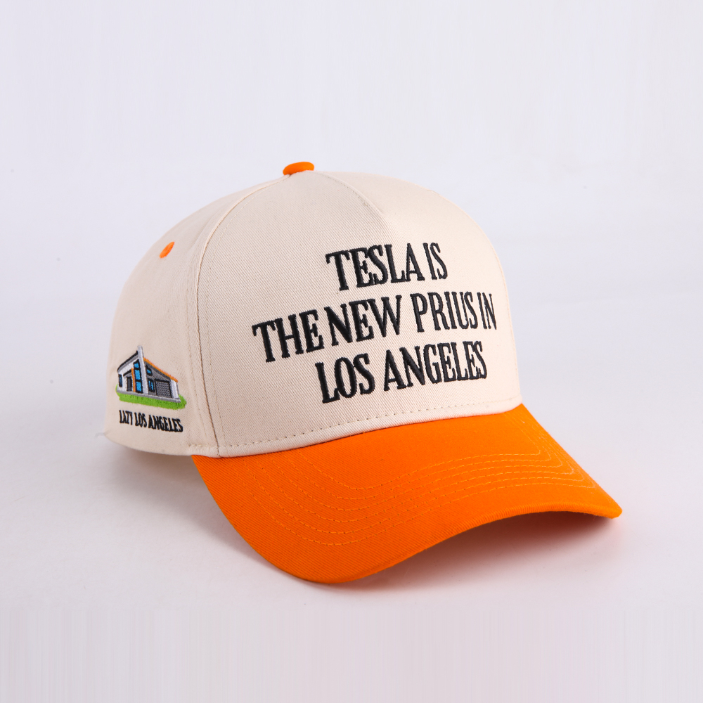 Cream and Orange Five Panel Baseball Cap with Black Statement Embroidery