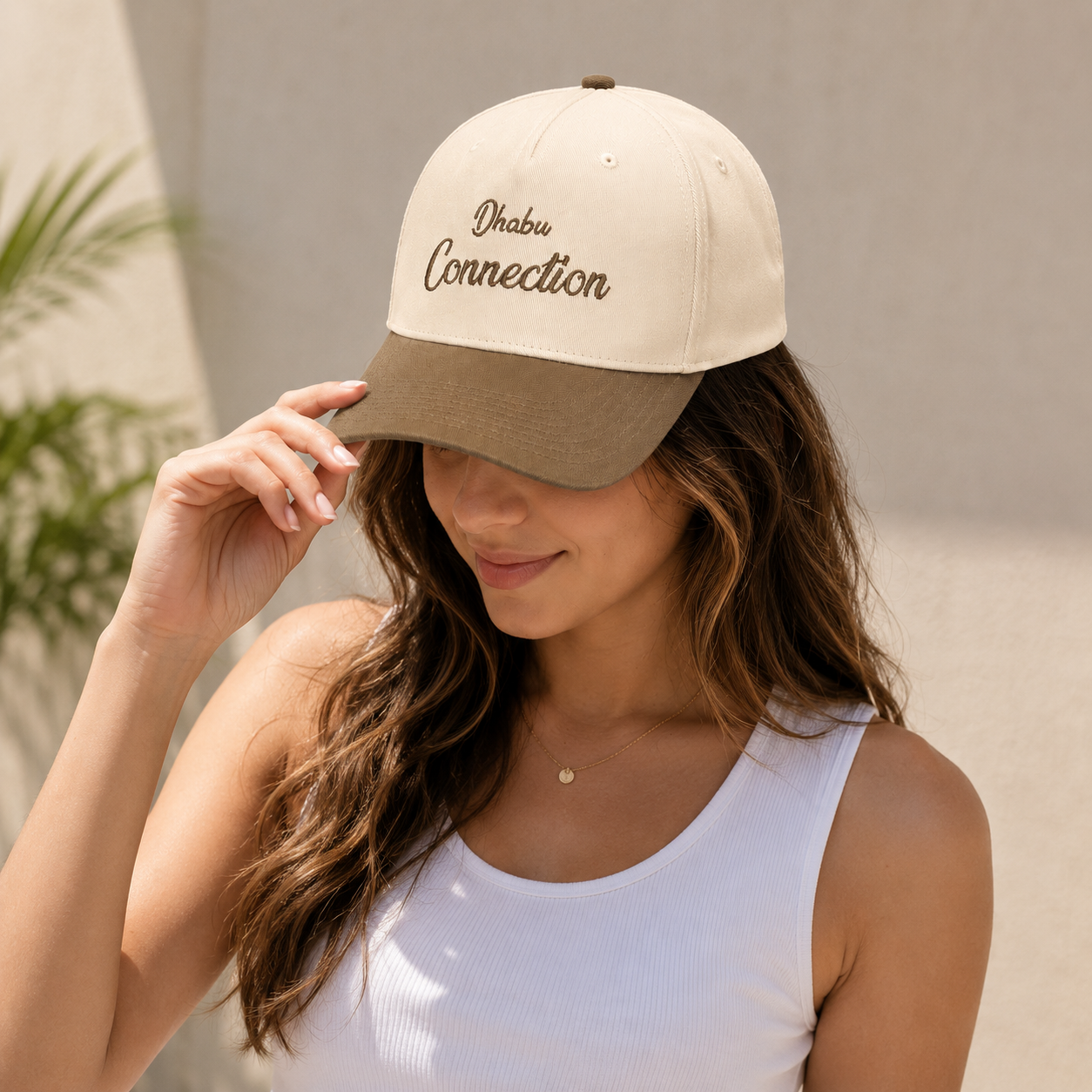 Two-Tone Cream and Khaki 5 Panel Cotton Twill Baseball Cap with Flat Embroidered Script Logo