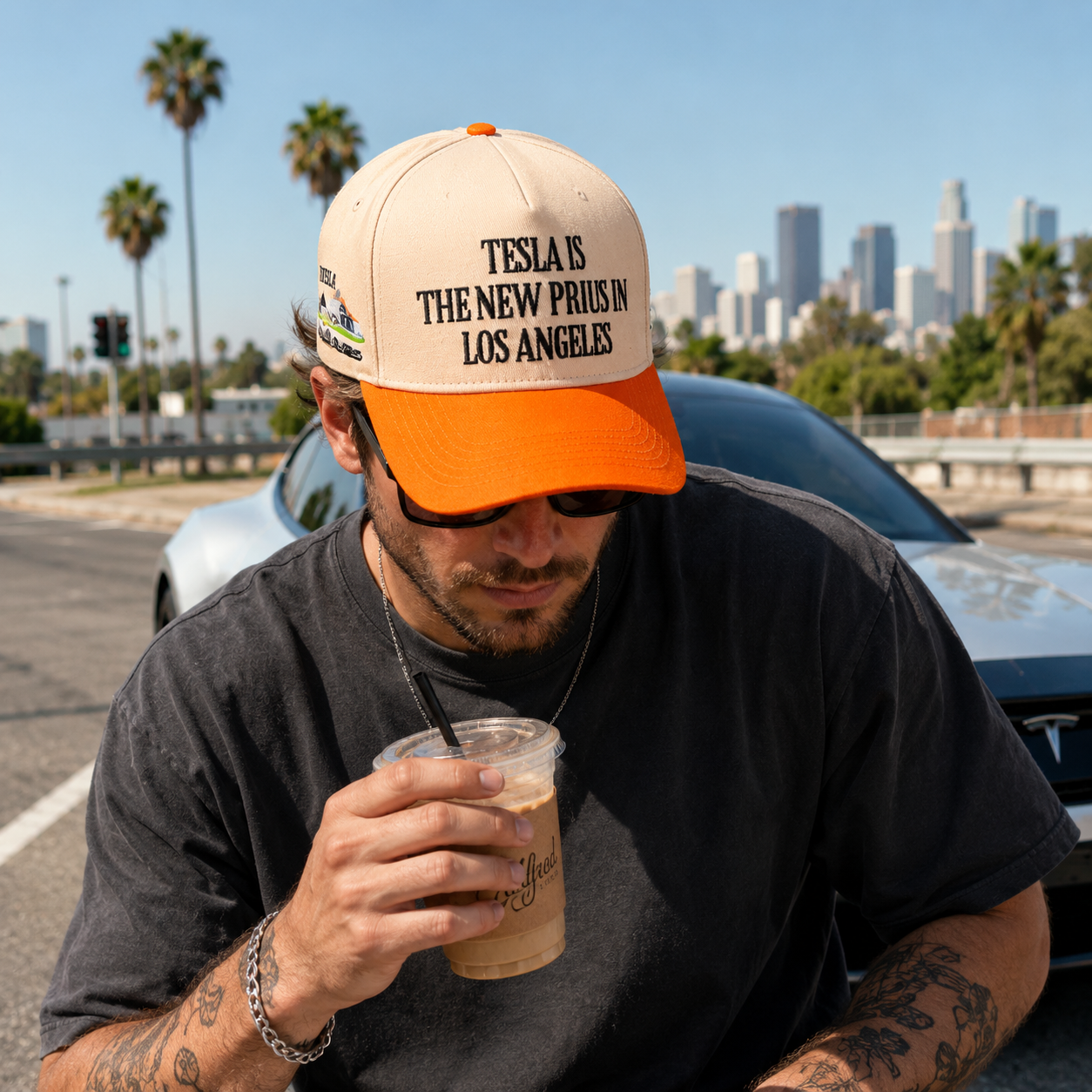 Cream and Orange Five Panel Baseball Cap with Black Statement Embroidery