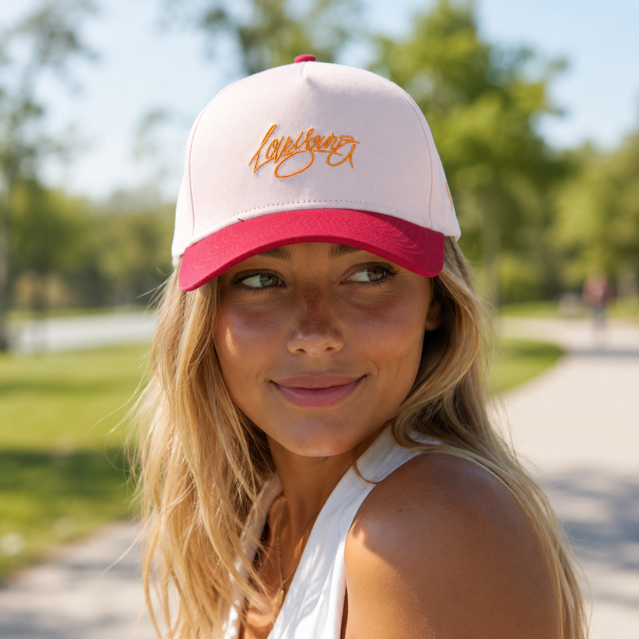 Pink Red Script Embroidered Curved Brim Baseball Cap