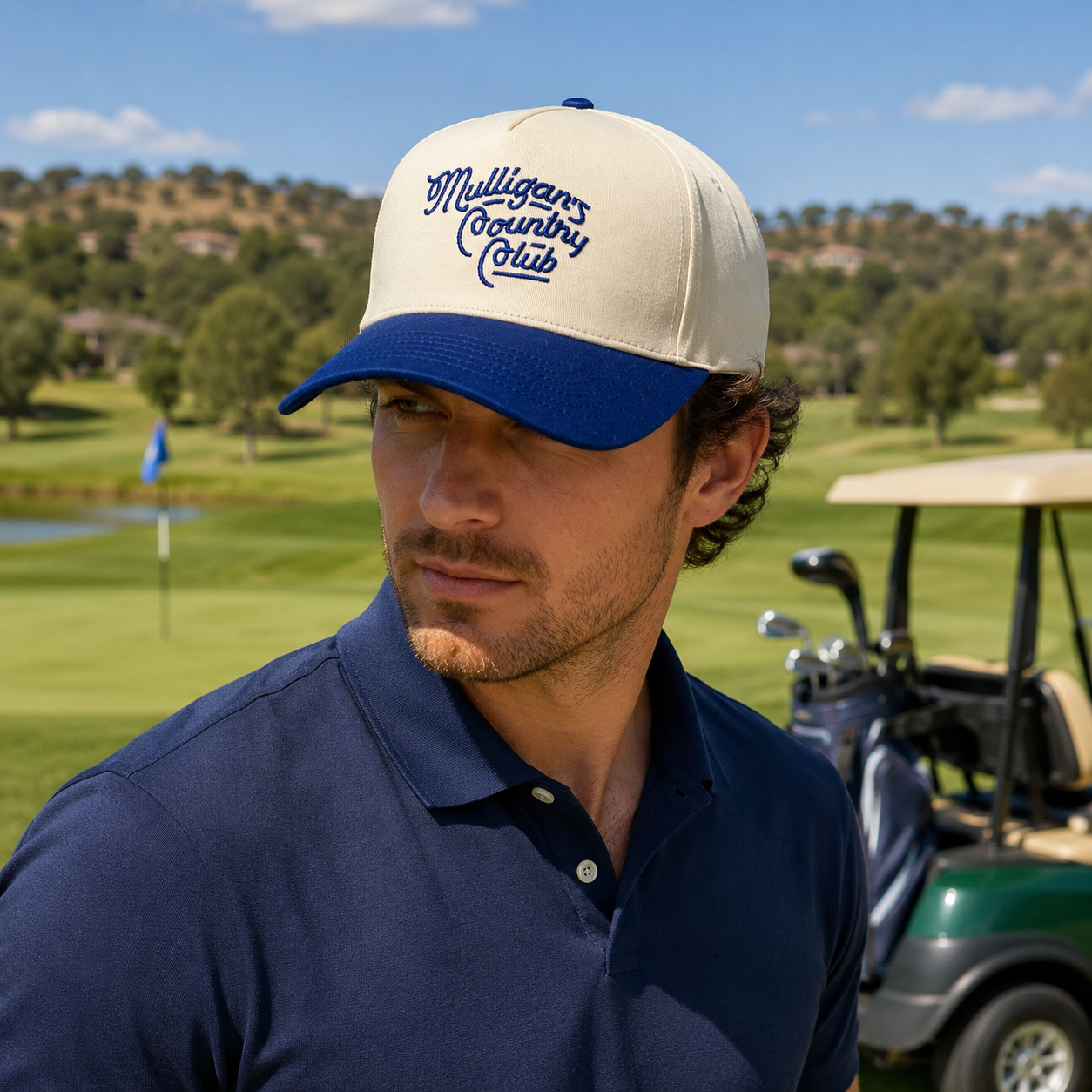 Ivory and Royal Blue Five-Panel Cotton Twill Cap with Mulligans Script Embroidery