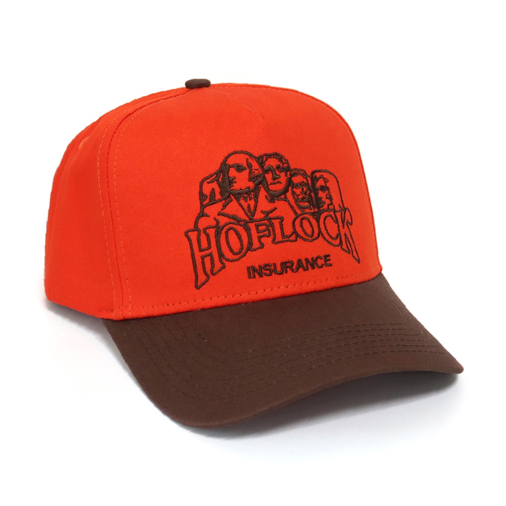 Orange and Brown Curved Brim Trucker Cap with Embroidered Graphic Logo