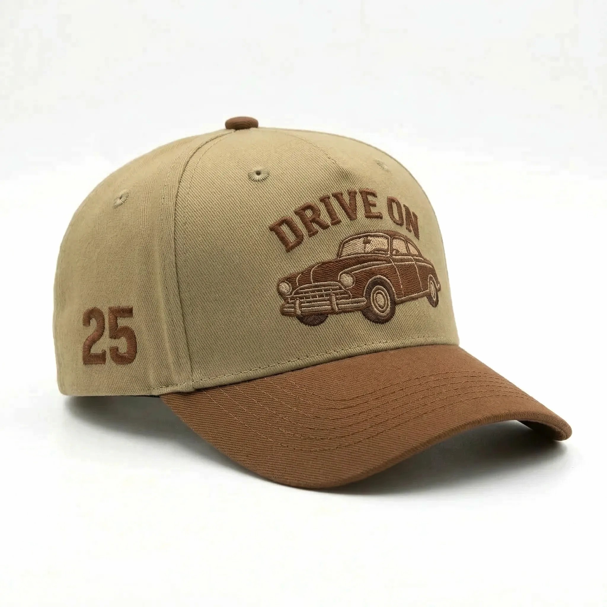 Vintage Beige and Brown Two Tone 5 Panel Cotton Twill Baseball Cap with Classic Car Embroidery