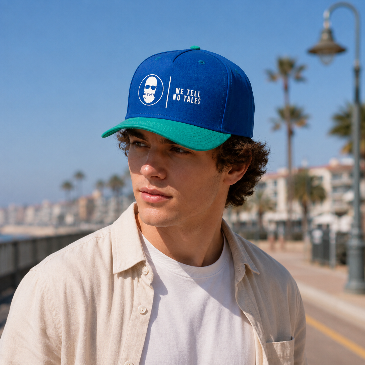 Blue and Teal Skull Embroidered Five-Panel Baseball Cap