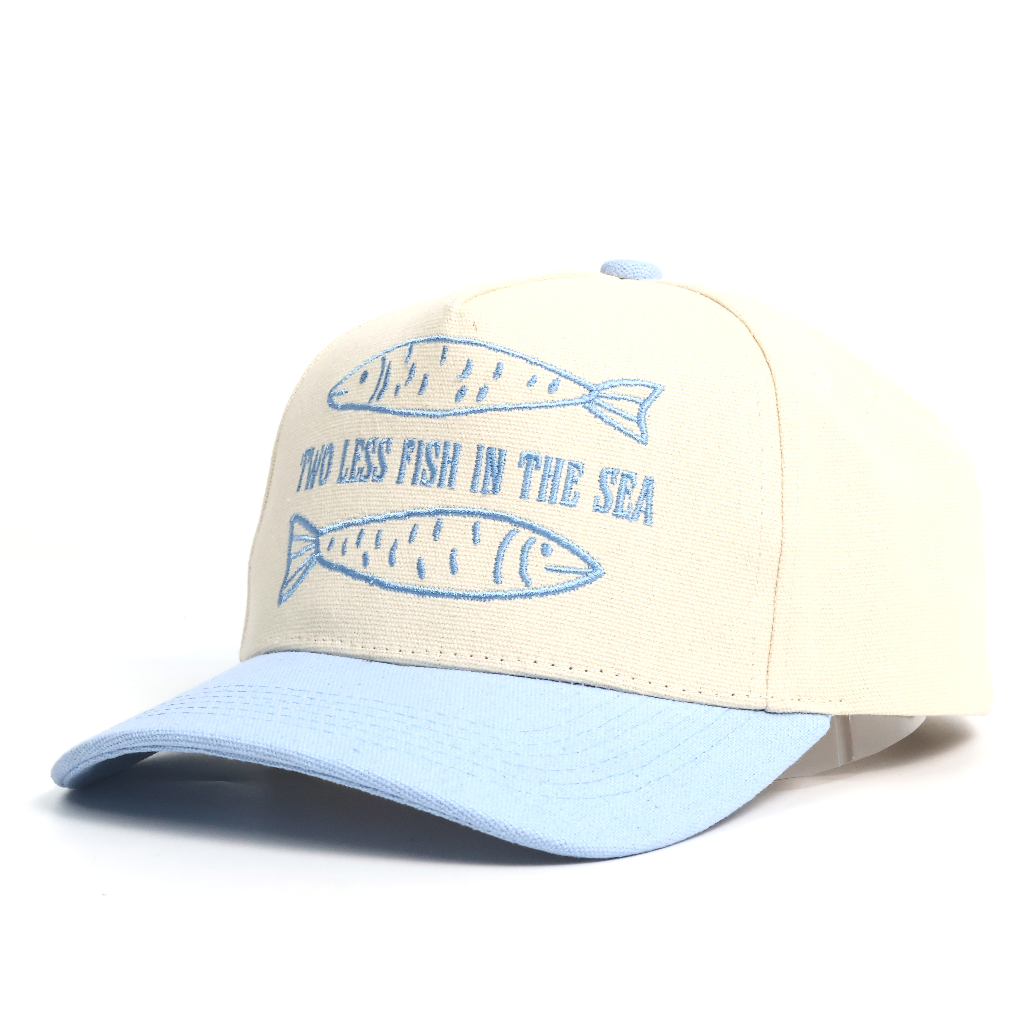 Cream & Light Blue Two-Tone 5-Panel Cotton Twill Baseball Cap with Fish Embroidery & Curved Brim