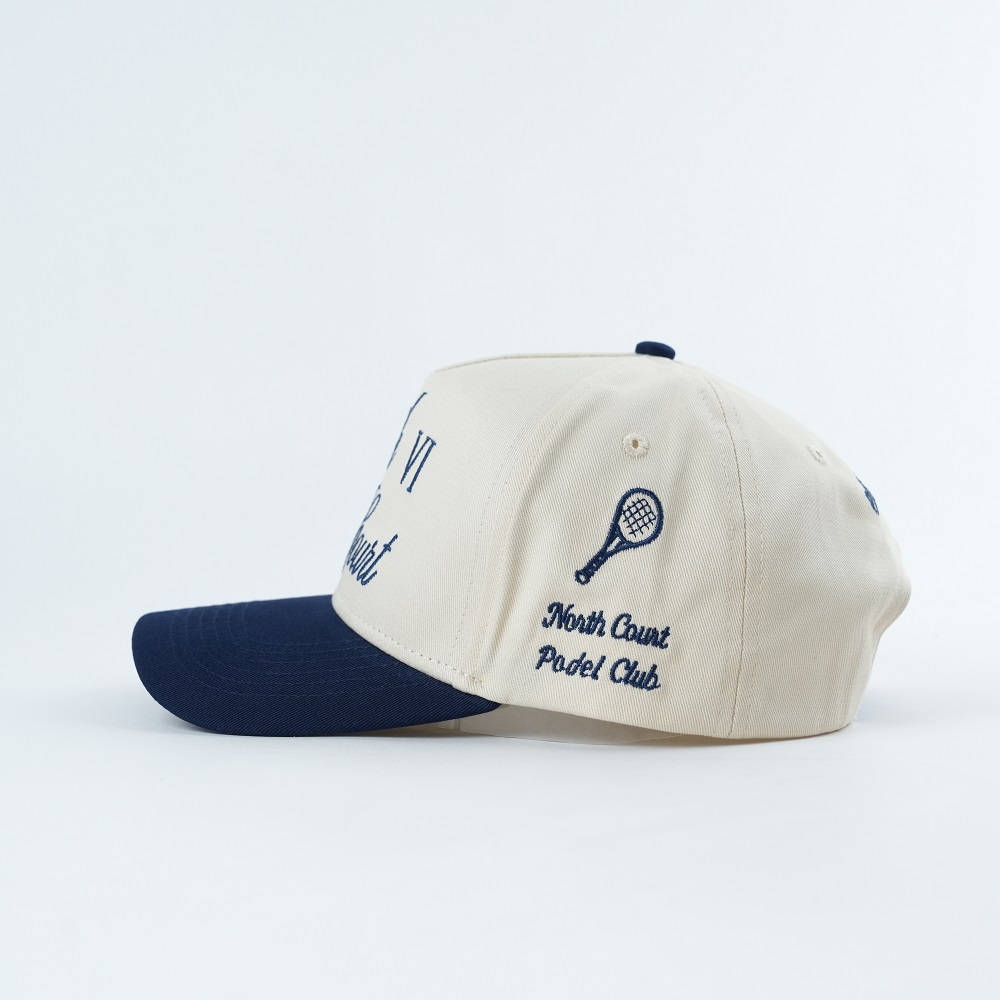 Cream and Navy Five Panel Baseball Cap with Script Roman Numeral Embroidery
