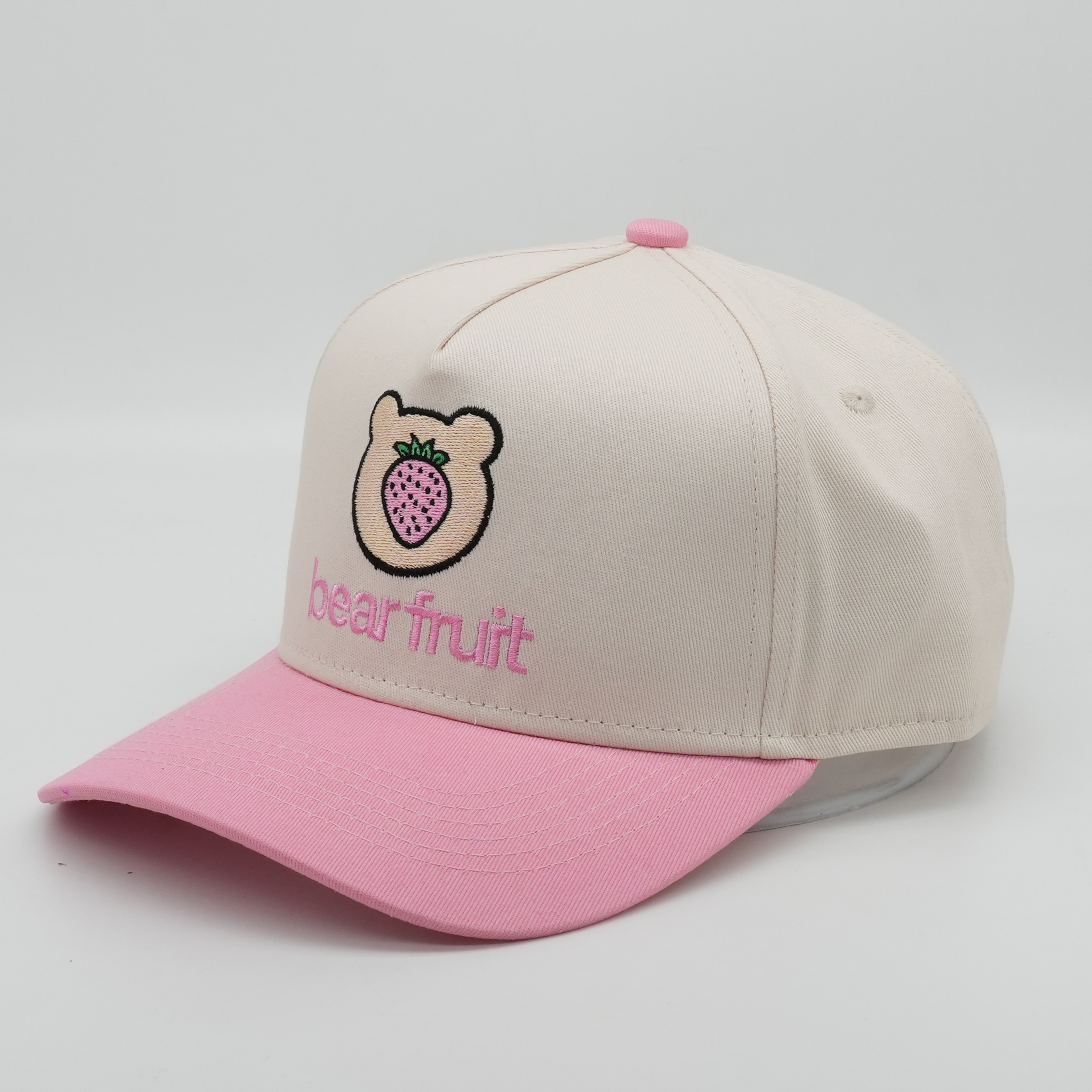 Cute Two-Tone 5-Panel Cotton Twill Baseball Cap with Bear Strawberry Embroidery