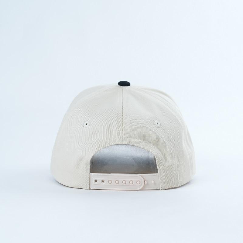 Ivory and Black Five-Panel Baseball Cap with Red Black Embroidered Logo