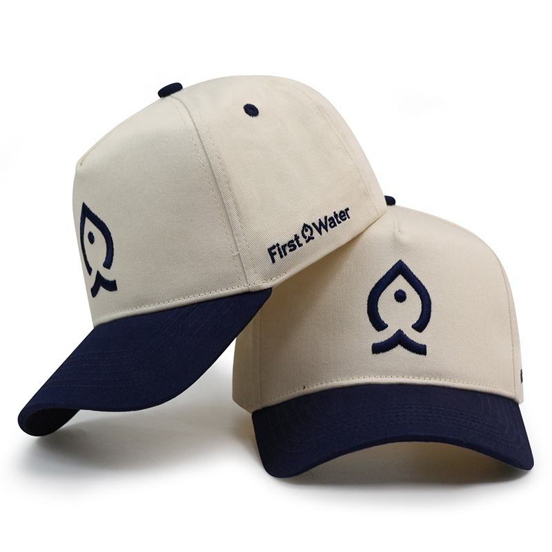 Cream and Navy Two-Tone 5-Panel Baseball Cap with Embroidered Water Drop Logo