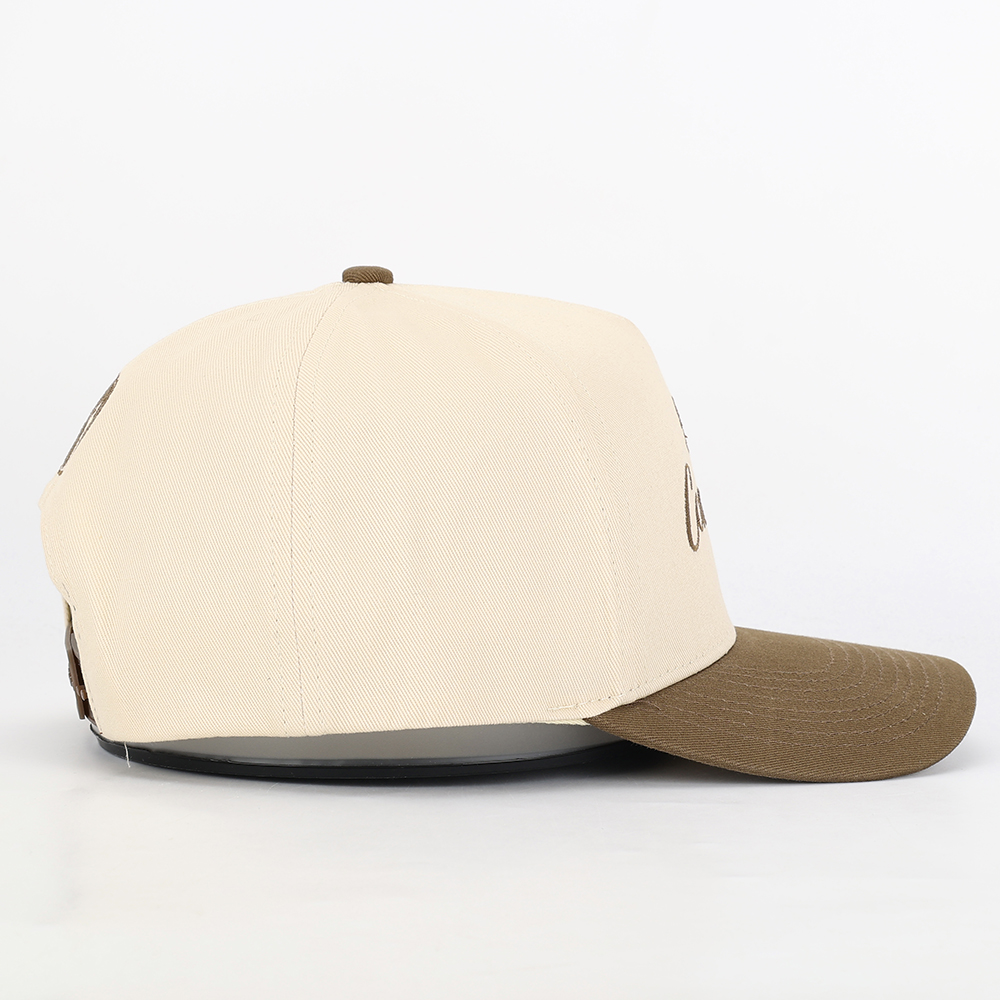 Two-Tone Cream and Khaki 5 Panel Cotton Twill Baseball Cap with Flat Embroidered Script Logo