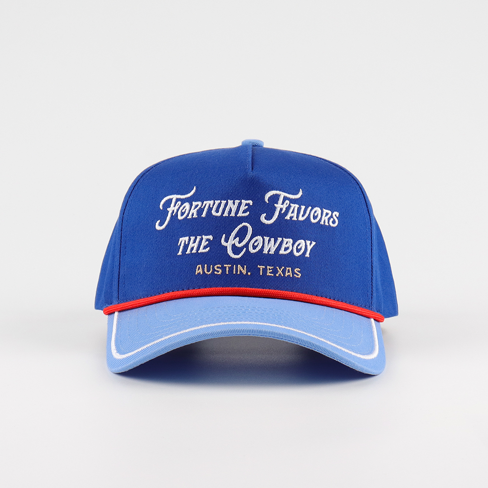 Blue Two Tone Cotton Twill Baseball Cap with Fortune Favors The Cowboy Embroidered Logo