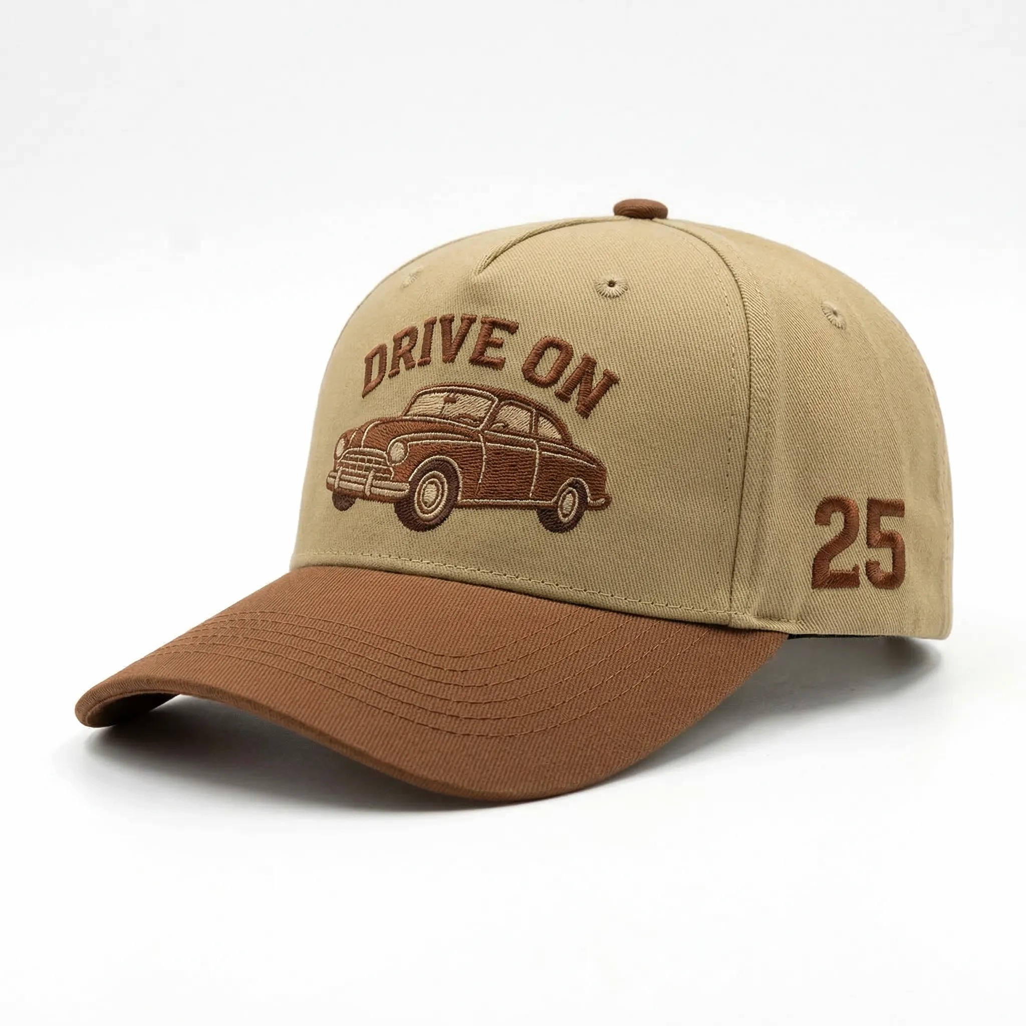 Vintage Beige and Brown Two Tone 5 Panel Cotton Twill Baseball Cap with Classic Car Embroidery