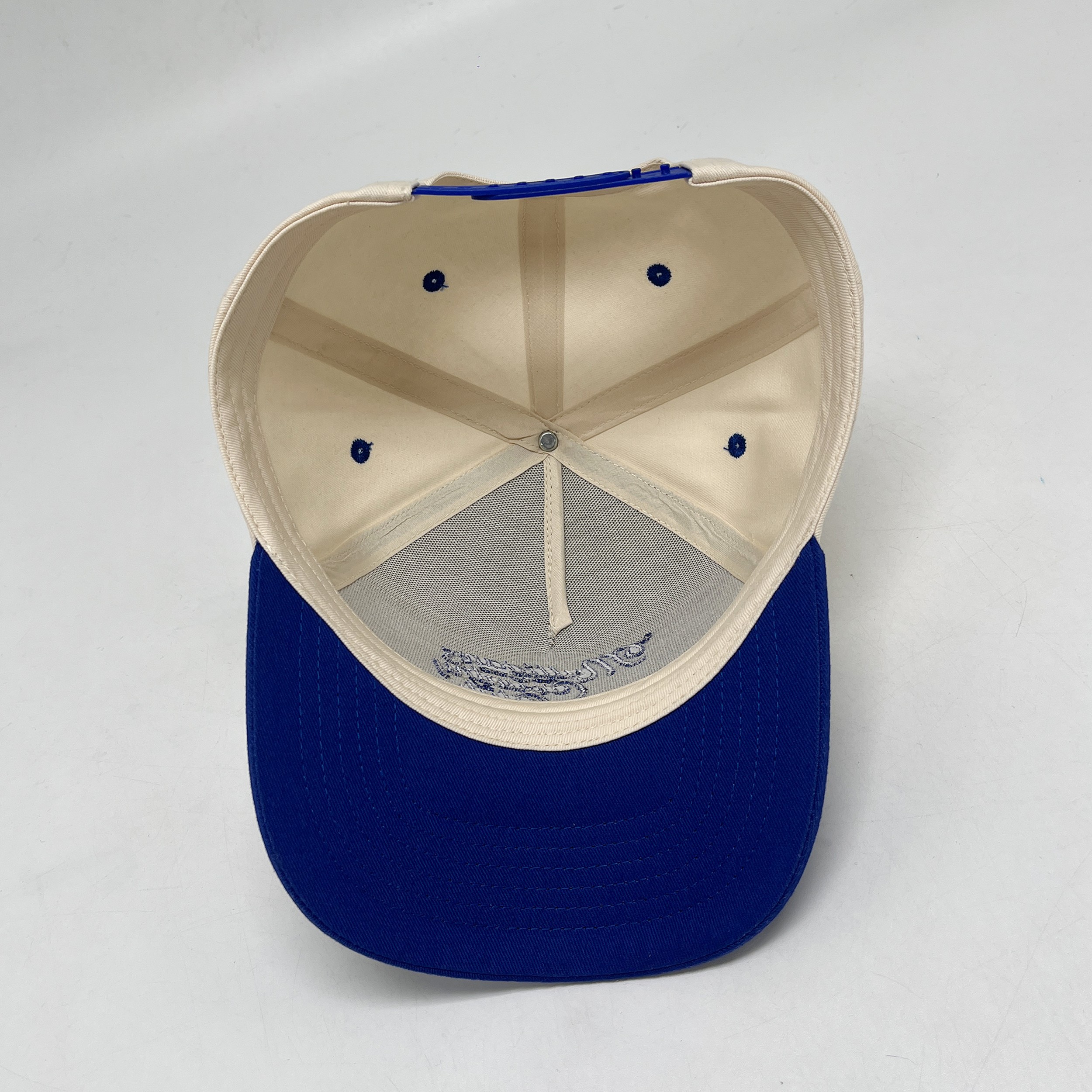 Ivory and Royal Blue Five-Panel Cotton Twill Cap with Mulligans Script Embroidery