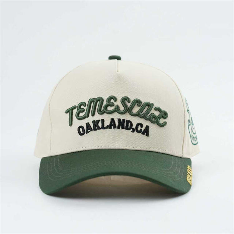 Cream and Forest Green Raised Embroidery Five-Panel Baseball Cap