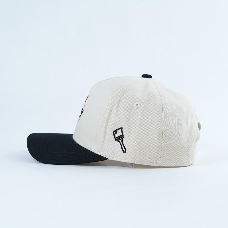 Ivory and Black Five-Panel Baseball Cap with Red Black Embroidered Logo