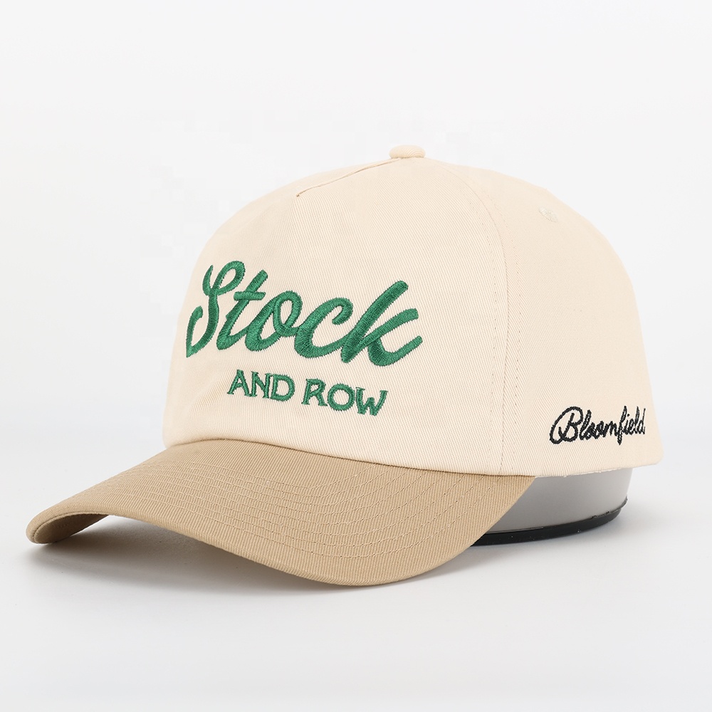 Cream Khaki Two-Tone 5-Panel Cotton Twill Baseball Cap with Green Script Embroidery