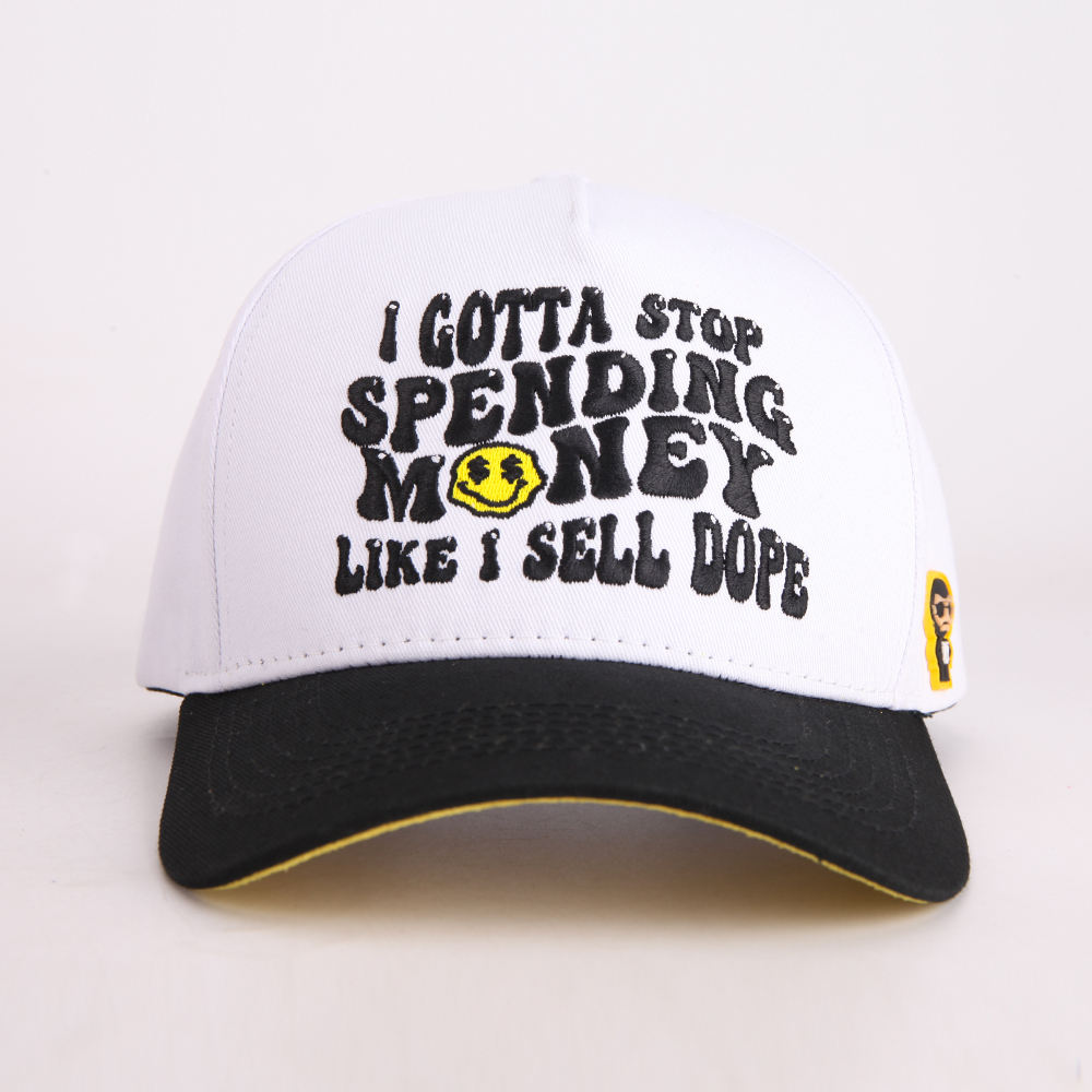 White and Black Two Tone Baseball Cap with Embroidered Text Logo, Casual Cotton Twill Streetwear Hat