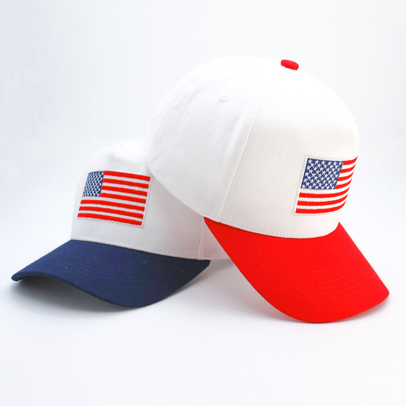 White Two Tone Cotton Twill Baseball Caps with Embroidered USA Flag Patch