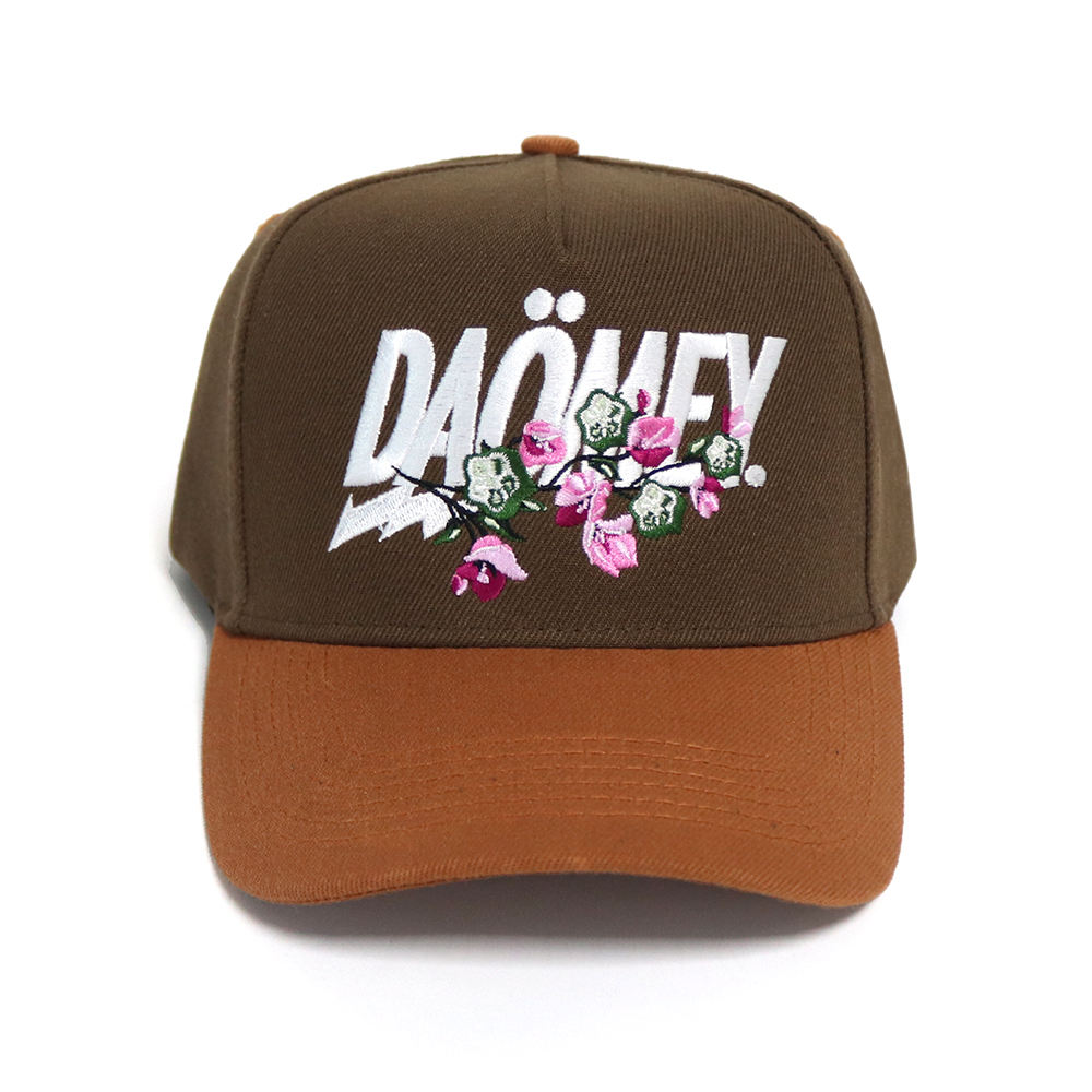 Brown Two Tone Floral Embroidered Letter Baseball Cap Adjustable Cotton Hat