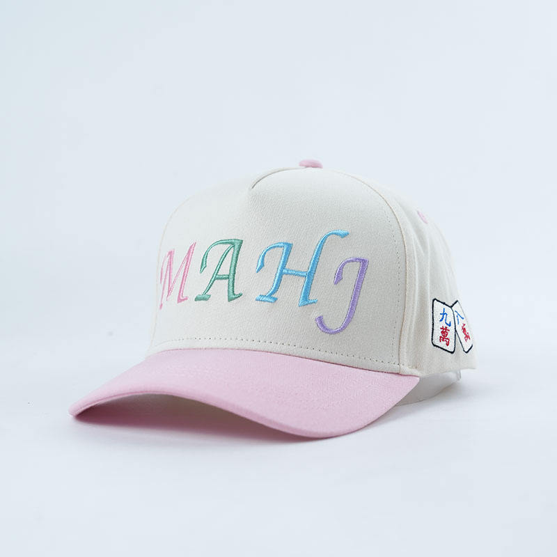 Pastel Embroidered Letter Five Panel Cotton Twill Baseball Cap with Pink Contrast Brim