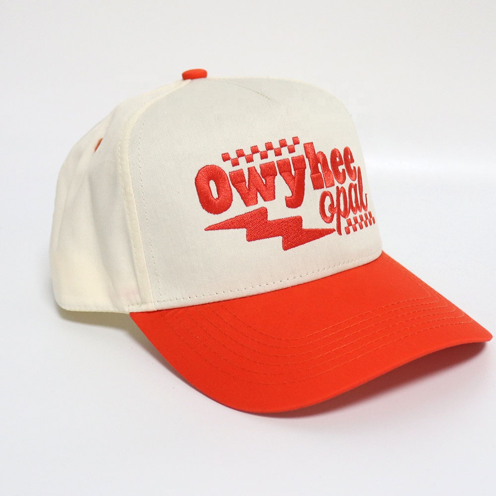 Cream and Orange Two-Tone 5-Panel Cotton Twill Baseball Cap with Flat Embroidered Logo