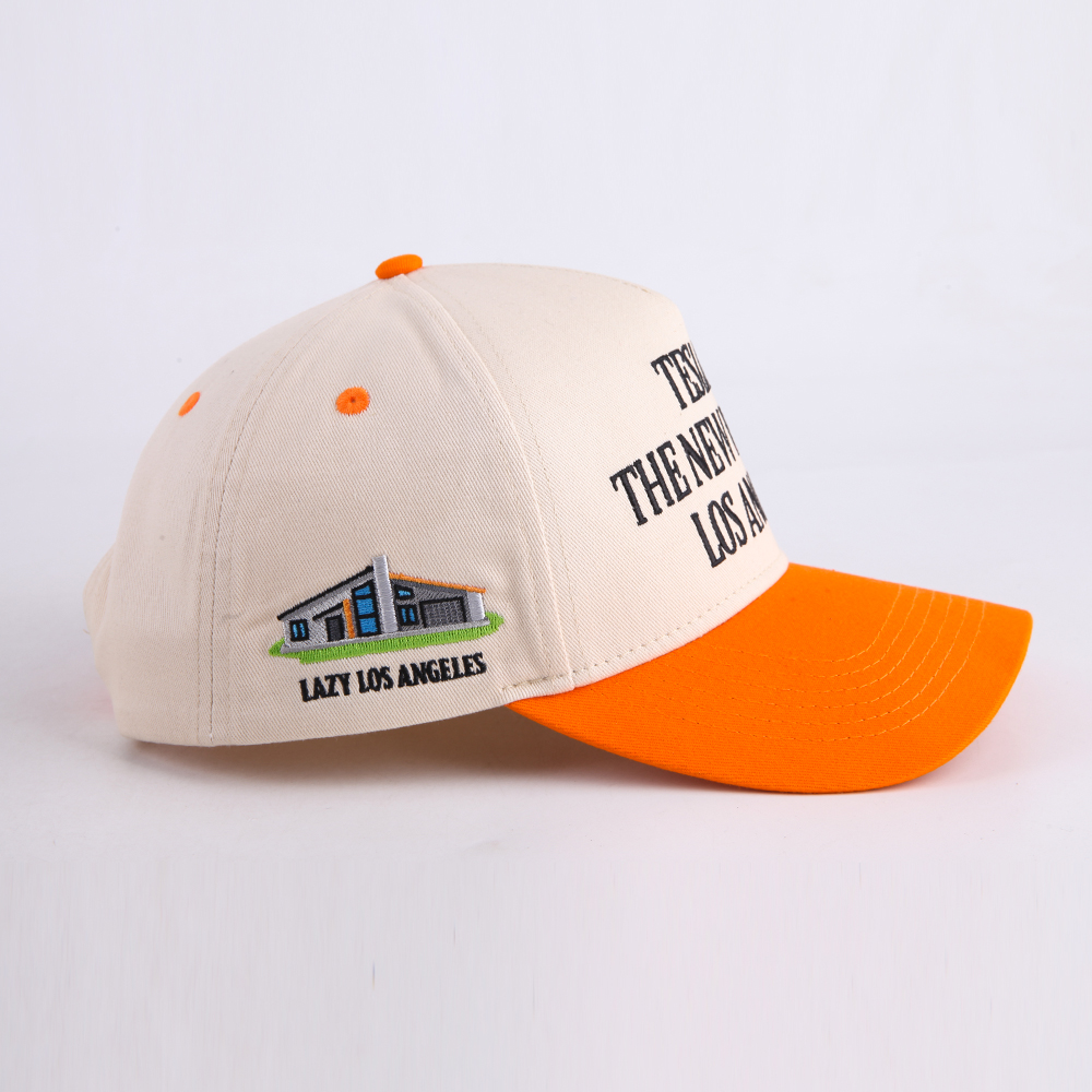 Cream and Orange Five Panel Baseball Cap with Black Statement Embroidery