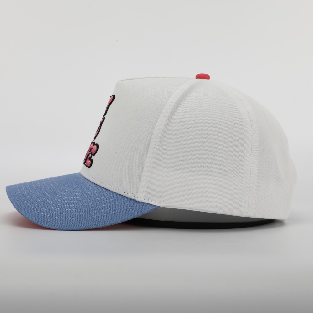 White and Blue Two-Tone Five-Panel Cotton Twill Baseball Cap with Pink ART IS DOPE Embroidery and Curved Brim