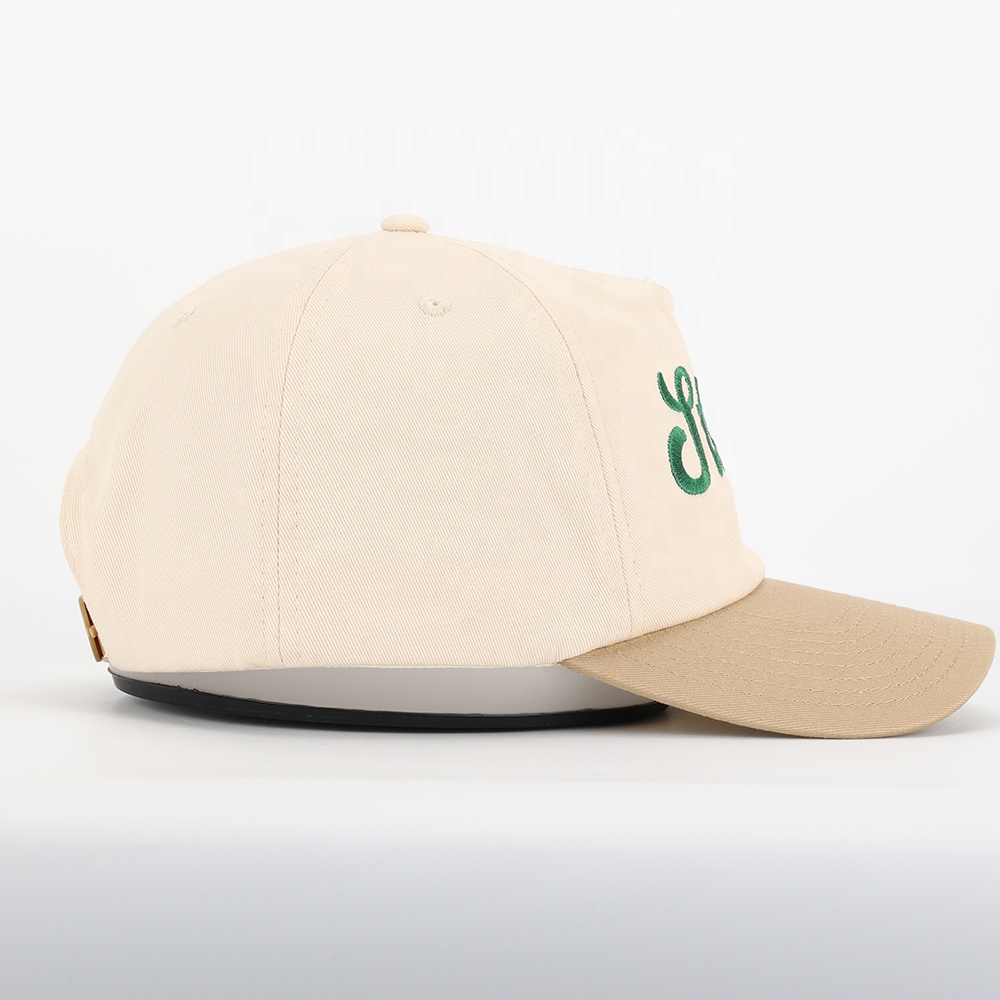 Cream Khaki Two-Tone 5-Panel Cotton Twill Baseball Cap with Green Script Embroidery