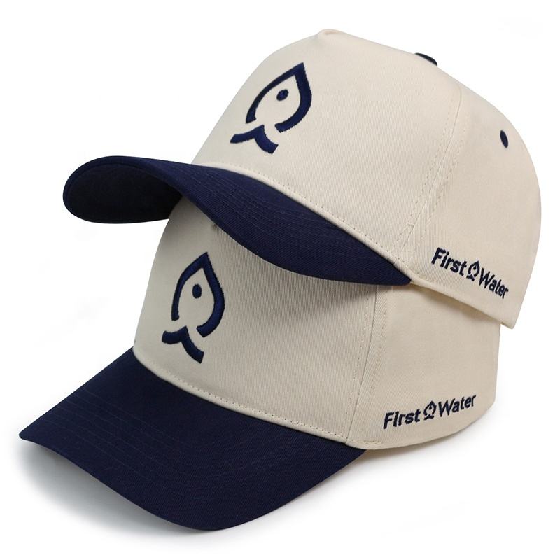 Cream and Navy Two-Tone 5-Panel Baseball Cap with Embroidered Water Drop Logo