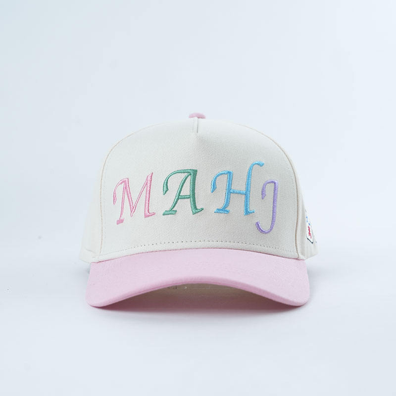 Pastel Embroidered Letter Five Panel Cotton Twill Baseball Cap with Pink Contrast Brim