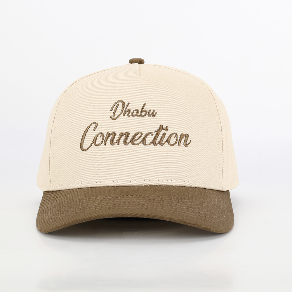 Two-Tone Cream and Khaki 5 Panel Cotton Twill Baseball Cap with Flat Embroidered Script Logo