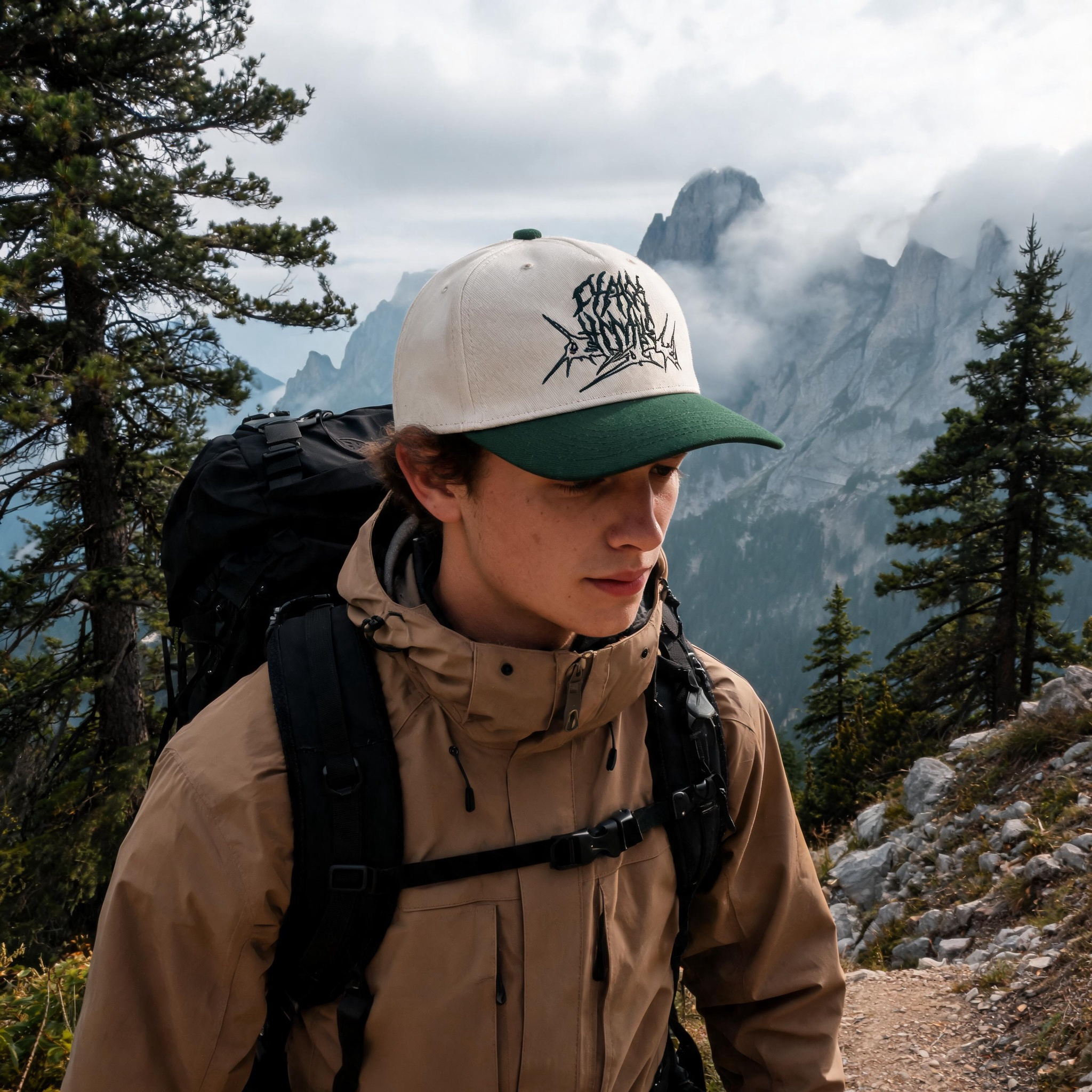 Cream and Forest Green Graffiti Embroidered Two-Tone Baseball Cap
