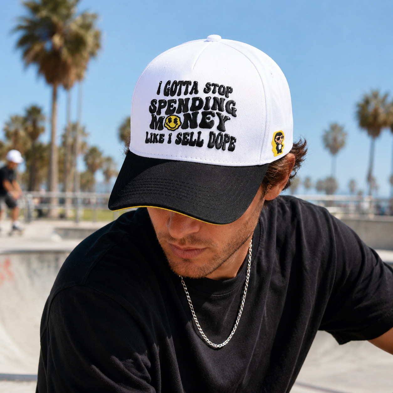 White and Black Two Tone Baseball Cap with Embroidered Text Logo, Casual Cotton Twill Streetwear Hat