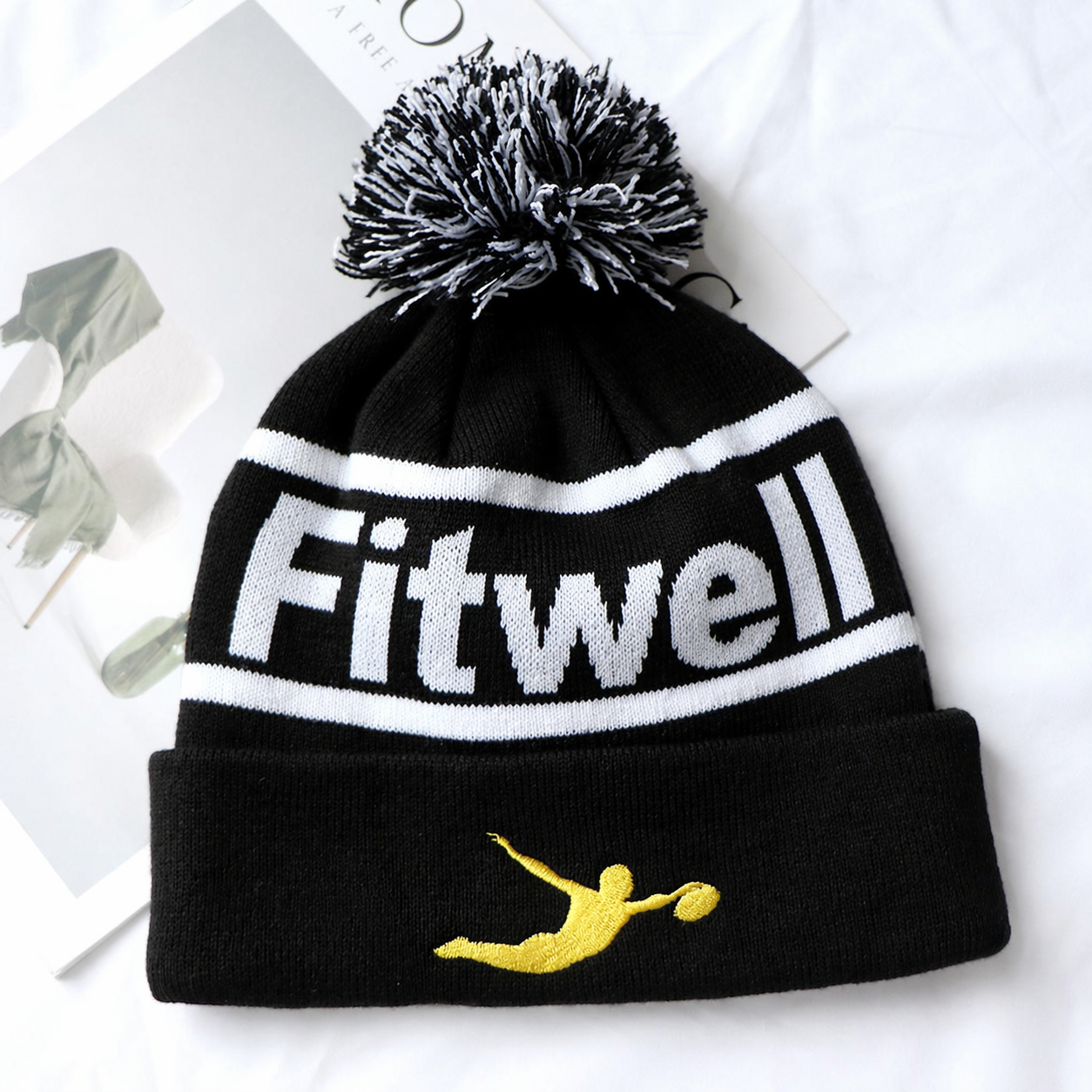 Black Rugby KRATOS Jacquard Pom Pom Beanie with Embroidered Logo