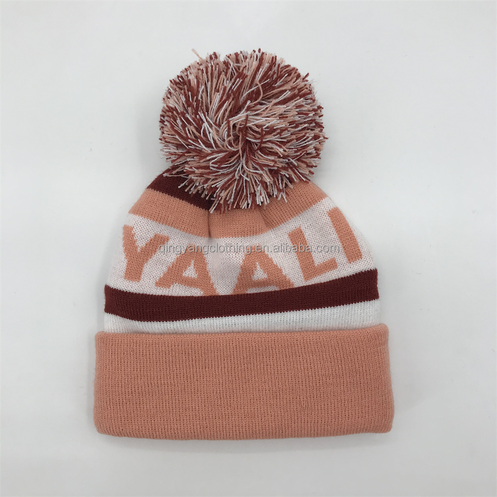 Winter Pom Pom Knitted Beanie Hat Jacquard Cuffed Warm Ski Cap
