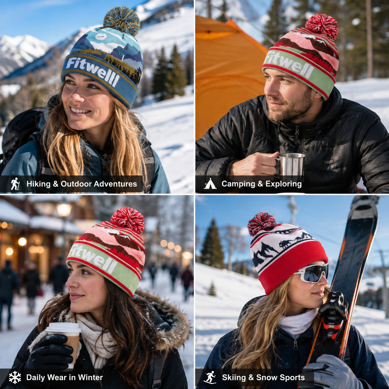 Scenic Landscape Jacquard Pom Pom Cuffed Beanie