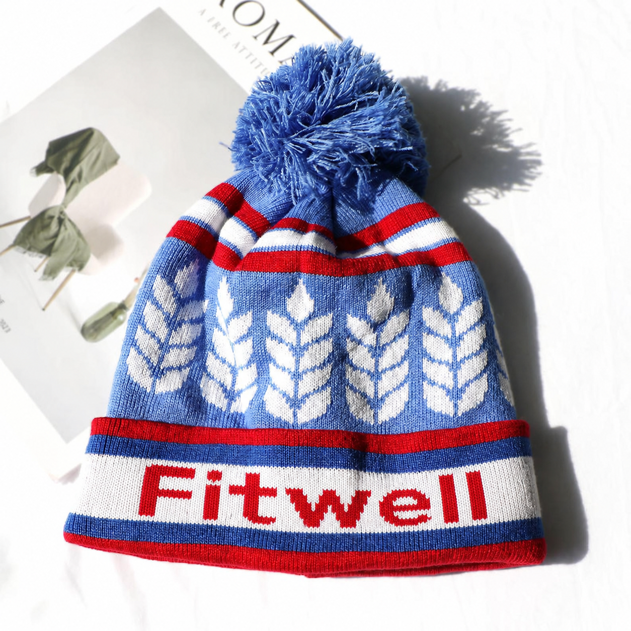 Blue Wheat Pattern Jacquard Pom-Pom Cuffed Beanie