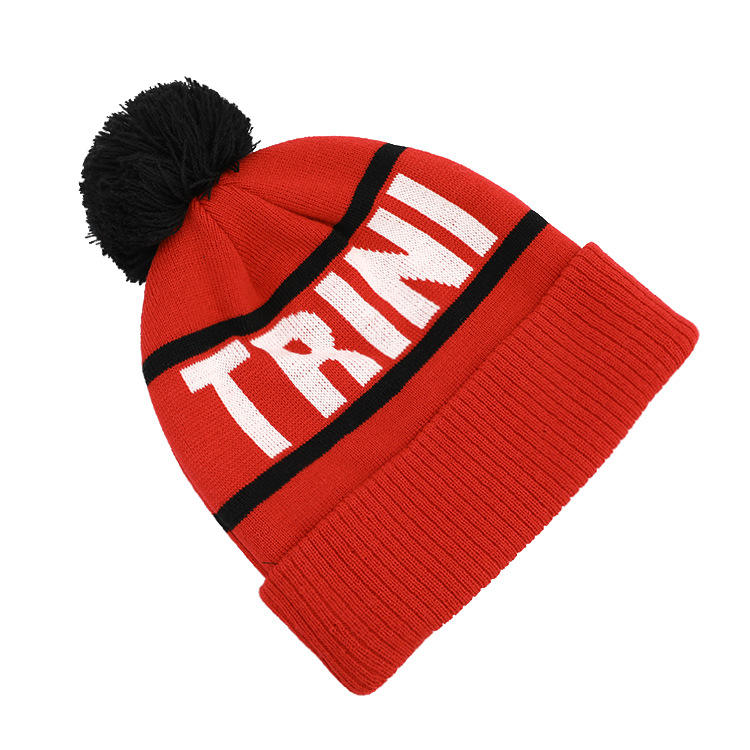 Red TRINI Jacquard Pom Pom Knitted Beanie Hat