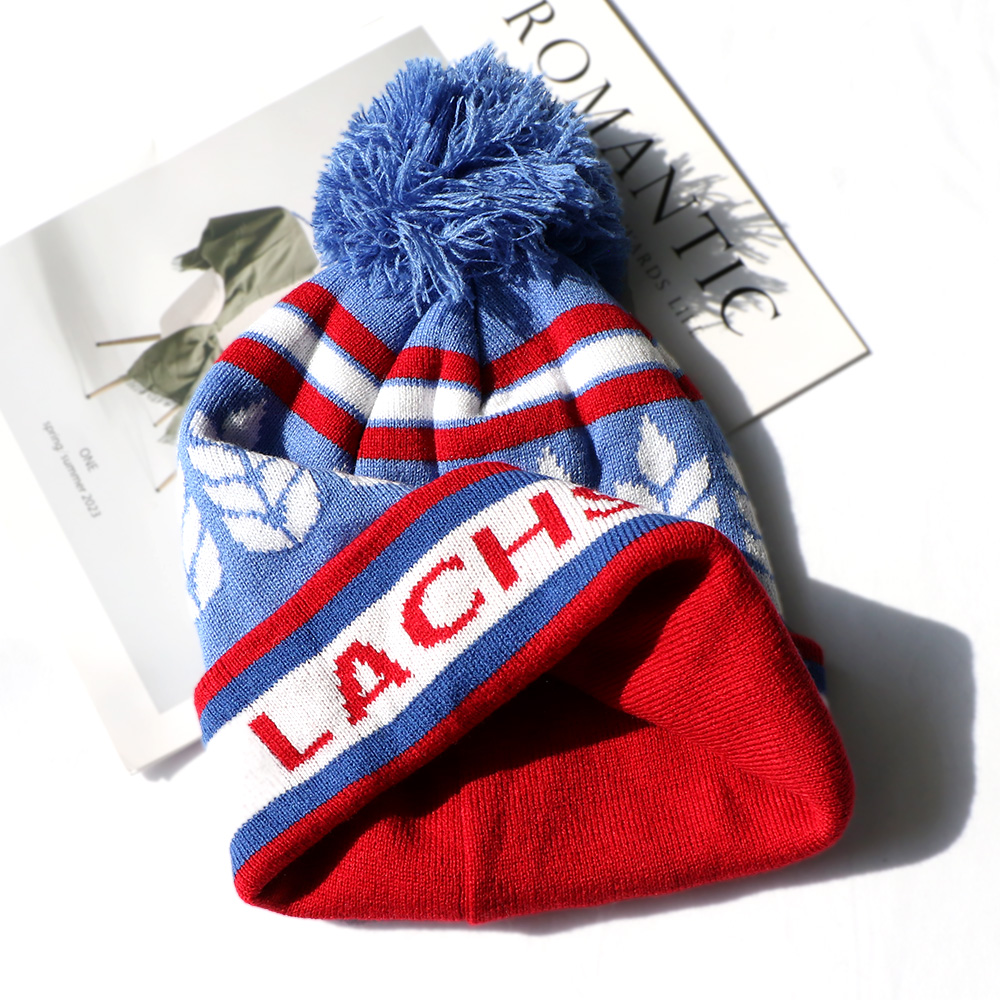 Blue Wheat Pattern Jacquard Pom-Pom Cuffed Beanie