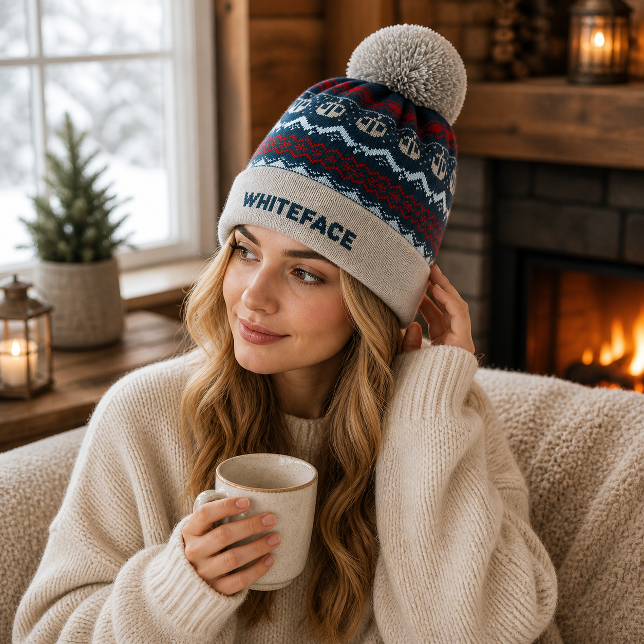 WHITEFACE Jacquard Pom Pom Knitted Beanie Hat