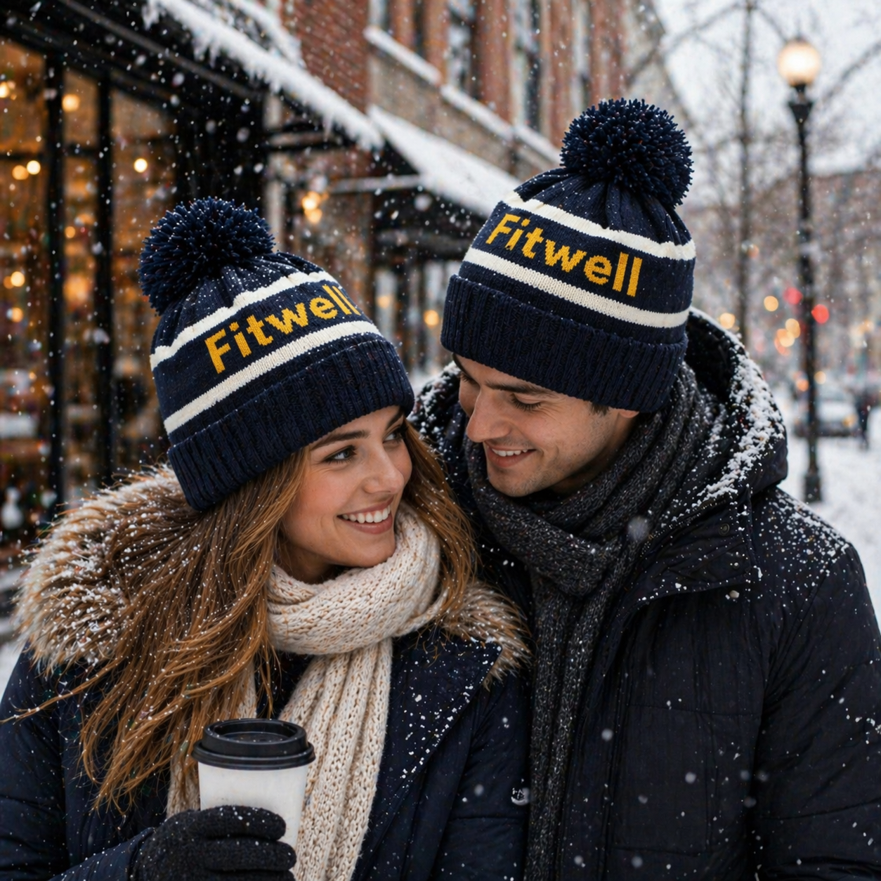 Classic Letter Jacquard Pom Pom Knit Beanie Hat Winter Cuffed Cap
