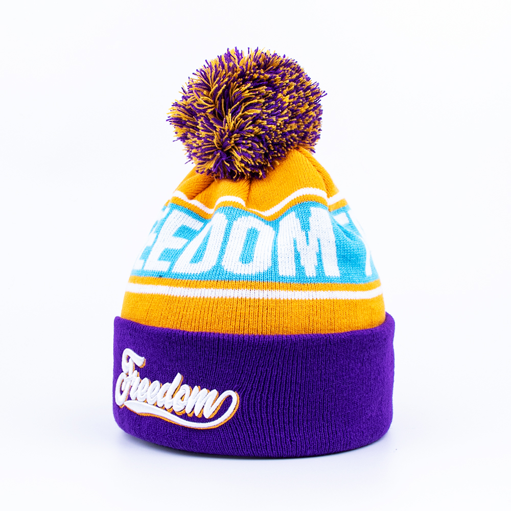 Purple Orange and Sky Blue Freedom Jacquard Pom-Pom Cuffed Beanie