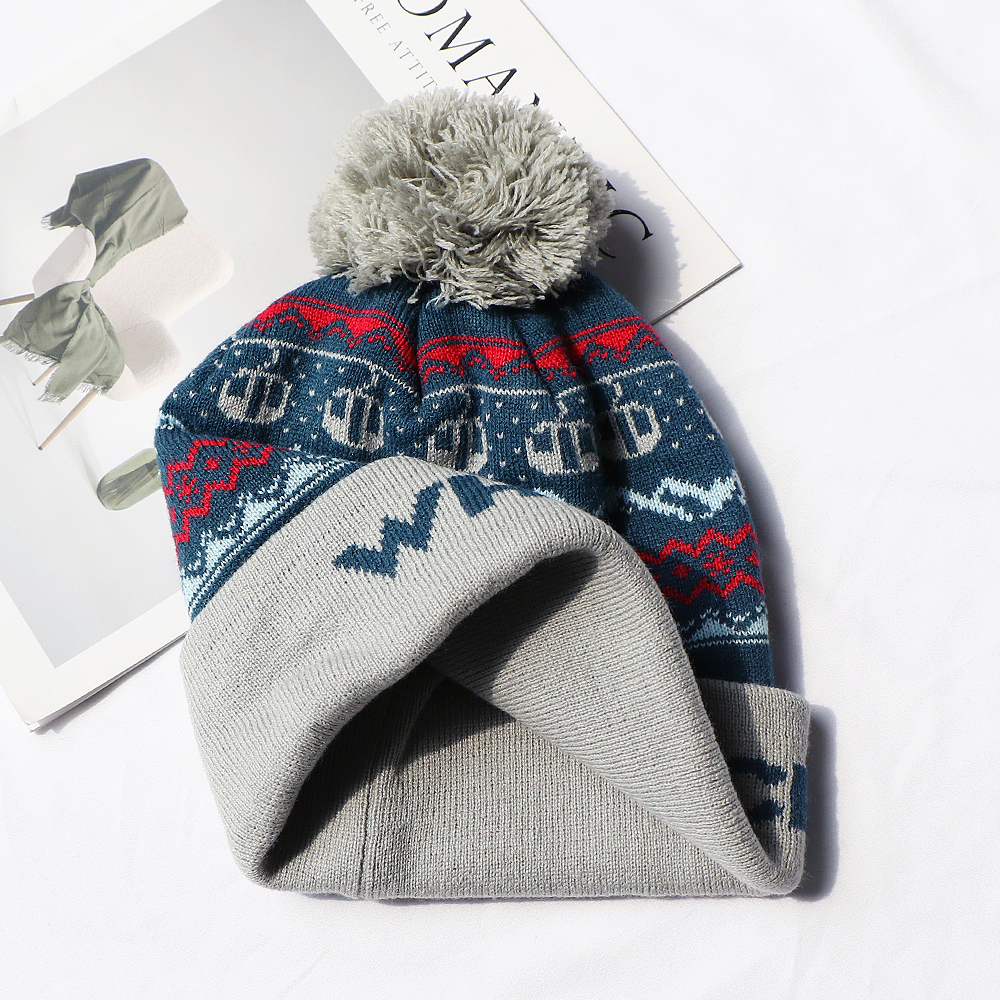WHITEFACE Jacquard Pom Pom Knitted Beanie Hat