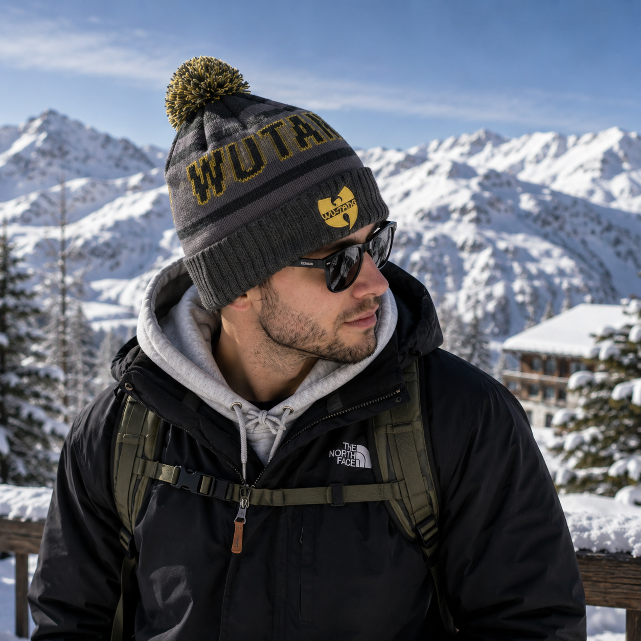 Gray Yellow Jacquard Pom Pom Cuffed Knit Beanie Hat