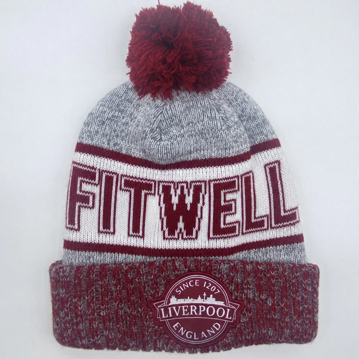 Burgundy Grey Pom Pom Cuffed Jacquard Knit Beanie Hat