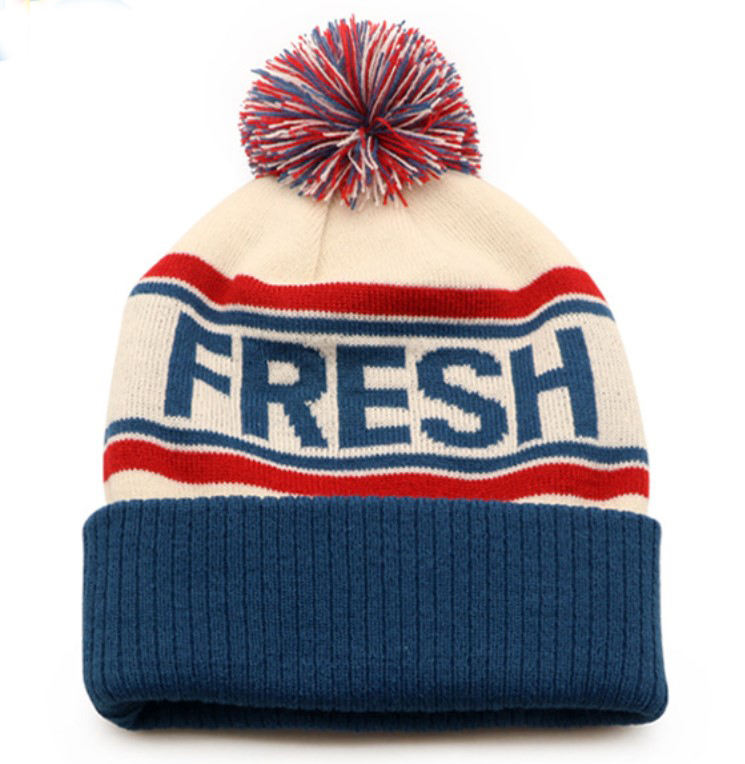 Retro Jacquard Pom Pom Winter Beanie Hat with Bold Letter Design
