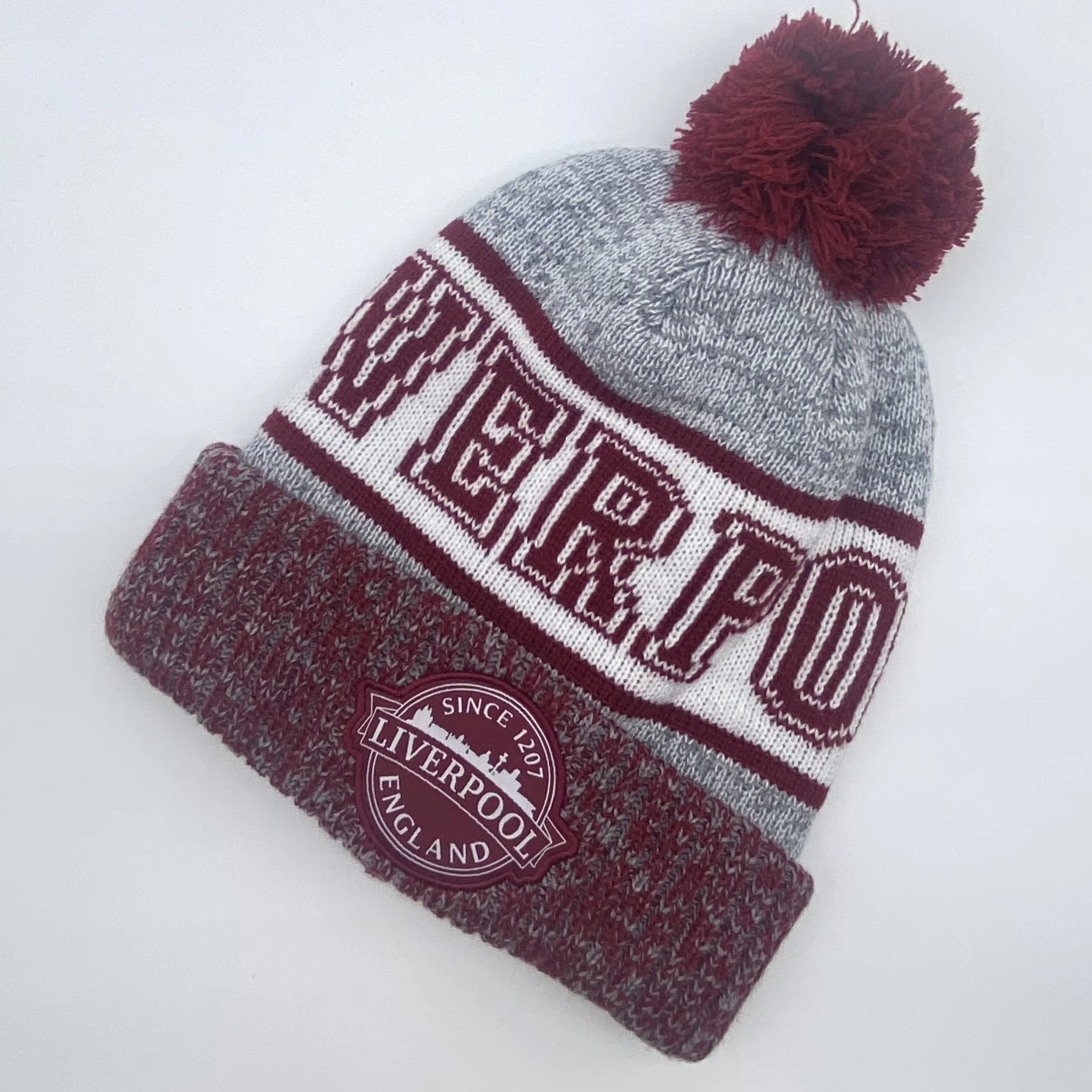 Burgundy Grey Pom Pom Cuffed Jacquard Knit Beanie Hat