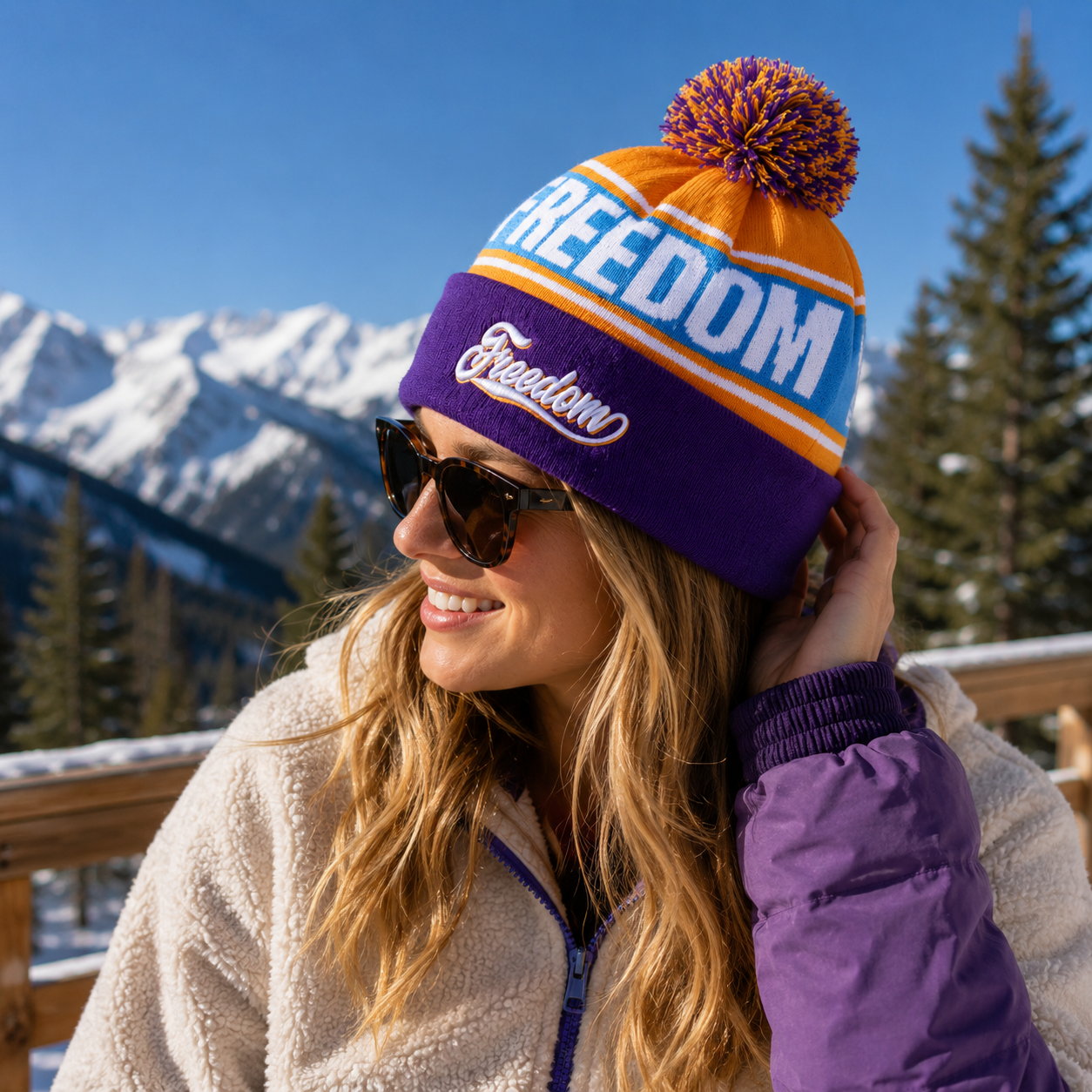 Purple Orange and Sky Blue Freedom Jacquard Pom-Pom Cuffed Beanie